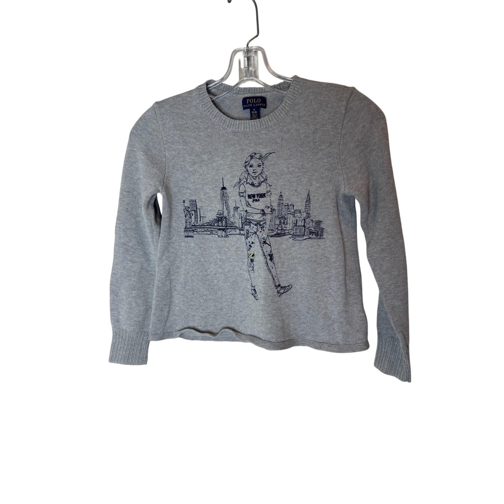 Polo Ralph Lauren Sweater Girls Medium 8-10 Gray New York City Graphic Cotton